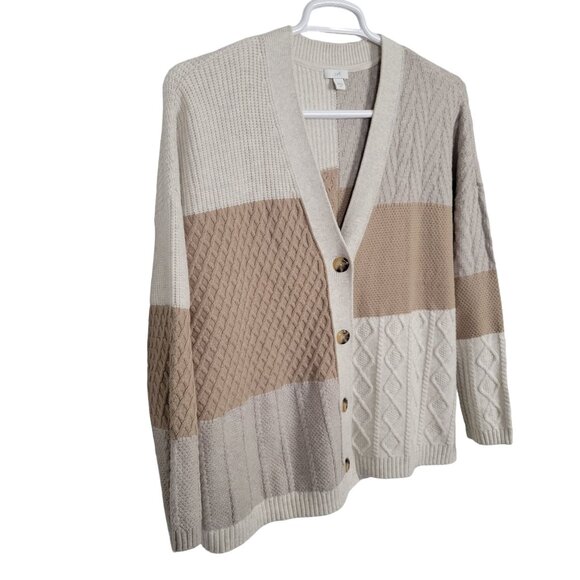 J. Jill Sweaters - J Jill Size 2X Cardigan V-neck Sweater Multi Knit Color Block Textured Tan Cream
